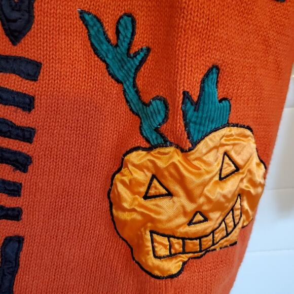 Vintage 80s Orange Halloween Maximalist Beaded Embroidered Sweater Ghost Witch - Picture 9 of 16